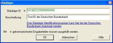 Hier erfassen Sie Ihre Gläubiger-Identifikation, die Sie von der Deutschen Bundesbank erhalten haben oder über den hier integrierten Link (blaue Schrift) öffnen Sie direkt die