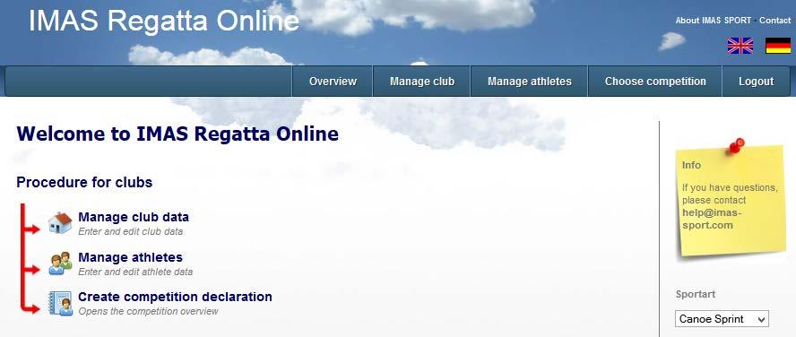 2. Login Sign in with your user-related data which you got via e-mail on https://www.regatta-info.com/formular_login.php. Activate the right box wether you are a regular club or a racing association.