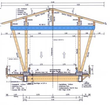 Holzbauweise mit einer Spannweite von 50,4 m für Schwerverkehr der Brückenklasse 1.