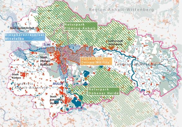33.2 Regionale Verflechtungen und Rahmenbedingungen Naturräume Region Spezialisierungen fördern. Dessau-Roßlau kann davon profitieren und dabei die Leader-Position übernehmen.