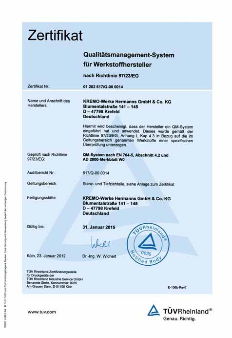 Überprüfter Hersteller nach Hersteller nach DGR 97/23/EG AD2000-Merkblatt WO/TRD 100 AD2000-Merkblatt HPO Allgemeine