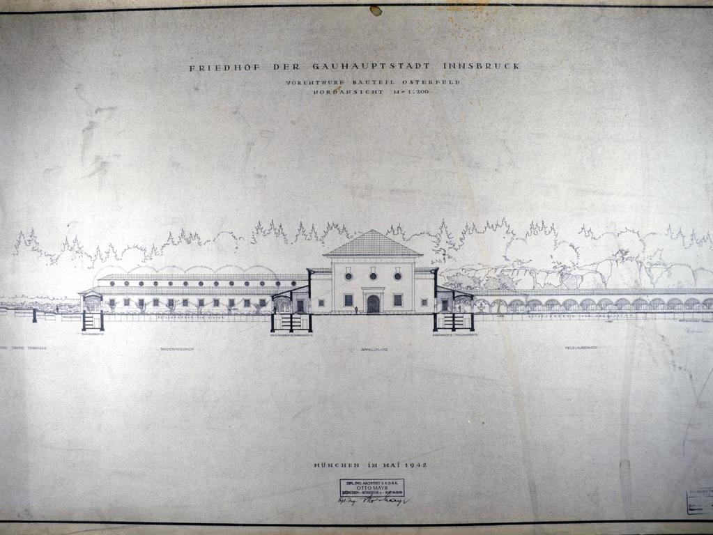 Vorentwurf für einen Friedhof der Gauhauptstadt Innsbruck in Egerdach, 1942 Diesen architektonischen Entwurf zeichnete