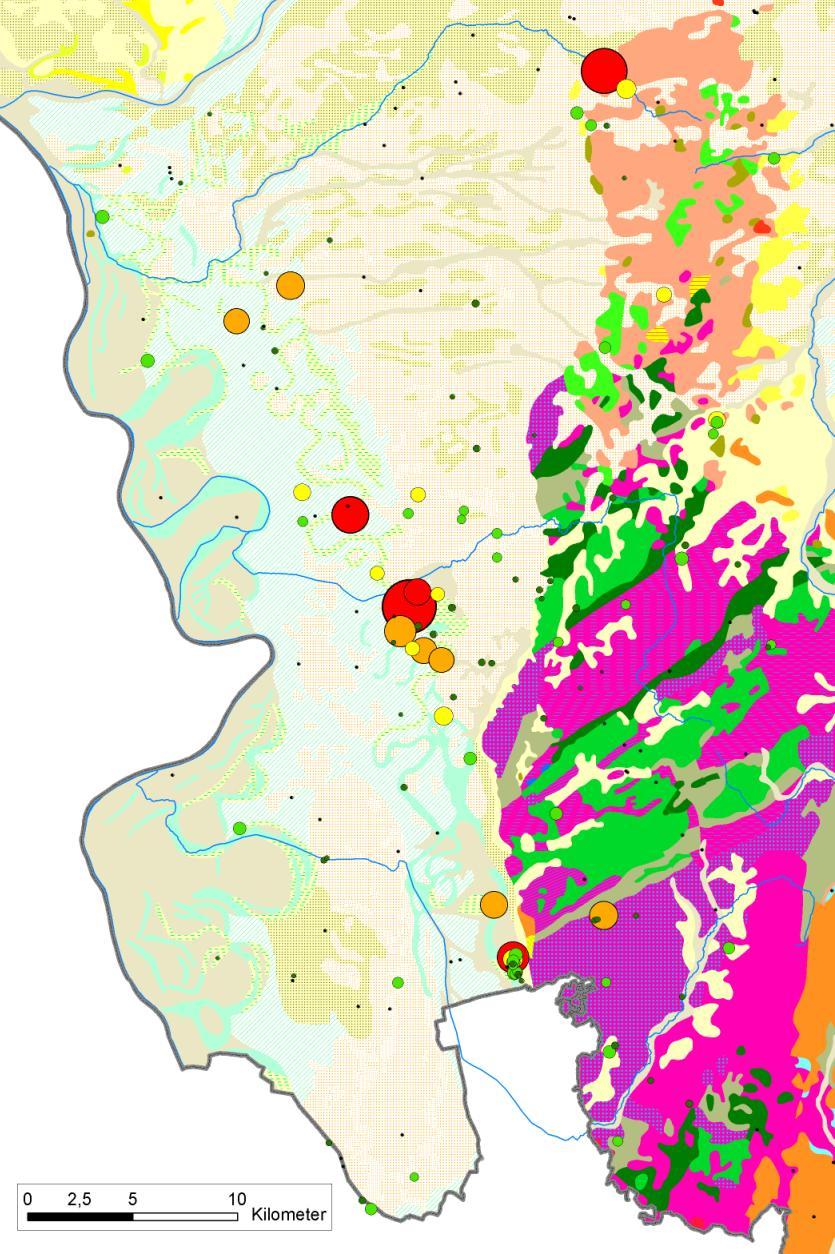 Oberrheingraben: Orientierung erhöhter Uran-Konzentrationen entlang von Paläoflussläufen und Moorbildungen Legende Quartär Legende Legende Holozän Lehm Quartär Lehm, Quartär Sand, Kies Holozän Torf