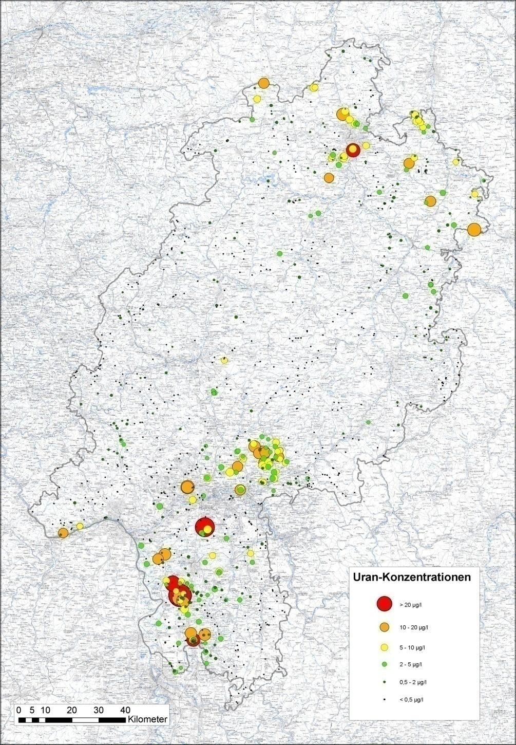 Karte mit Gesamtübersicht der Urangehalte in hessischen Grundwässern, 1017 Probenahmestellen,