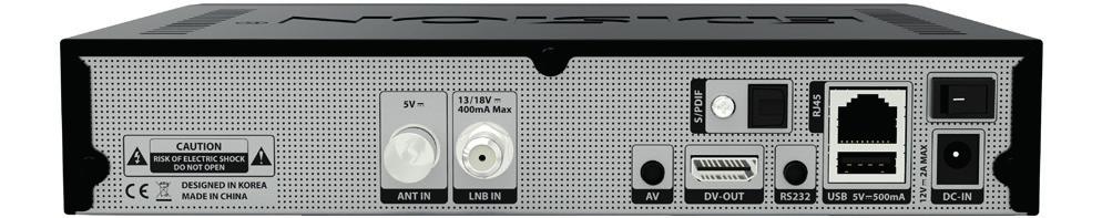 Rückseite 1. DVB-T2 / DVB-C Antennen Eingang 2. LNB Eingang Satelliten Anschluß vom LNB Schalten Sie den Receiver beim Anschließen aus 3. Ausgang 3.5mm zu RCA Kabel 4. DV-OUT 5. 3.5mm zu DB9 Serial Kabel RS232C Serieller Daten Port 6.