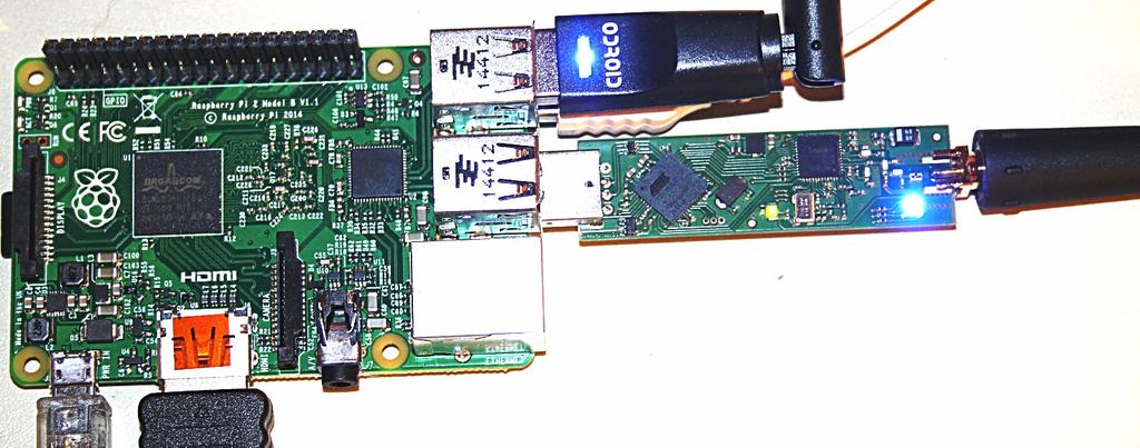 Hier ein DV4mini angeschlossen an einem Raspberry PI 2 Mod.B: Rechts oben ein WLAN Stick, darunter der DV4mini. Angeschlossen ist noch Tastatur, Maus und HDMI Bildschirm.