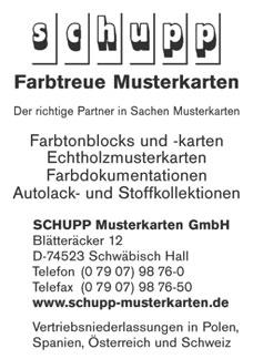 MUSTER-SCHMIDT Hans Hansen-Schmidt Musterkarten GmbH Schuhstr. 1/6 37154 Northeim-Sudheim Telefon (0 55 51) 90 84 20 Telefax (0 55 51) 9 08 42 29 Internet: http://www.muster-schmidt.