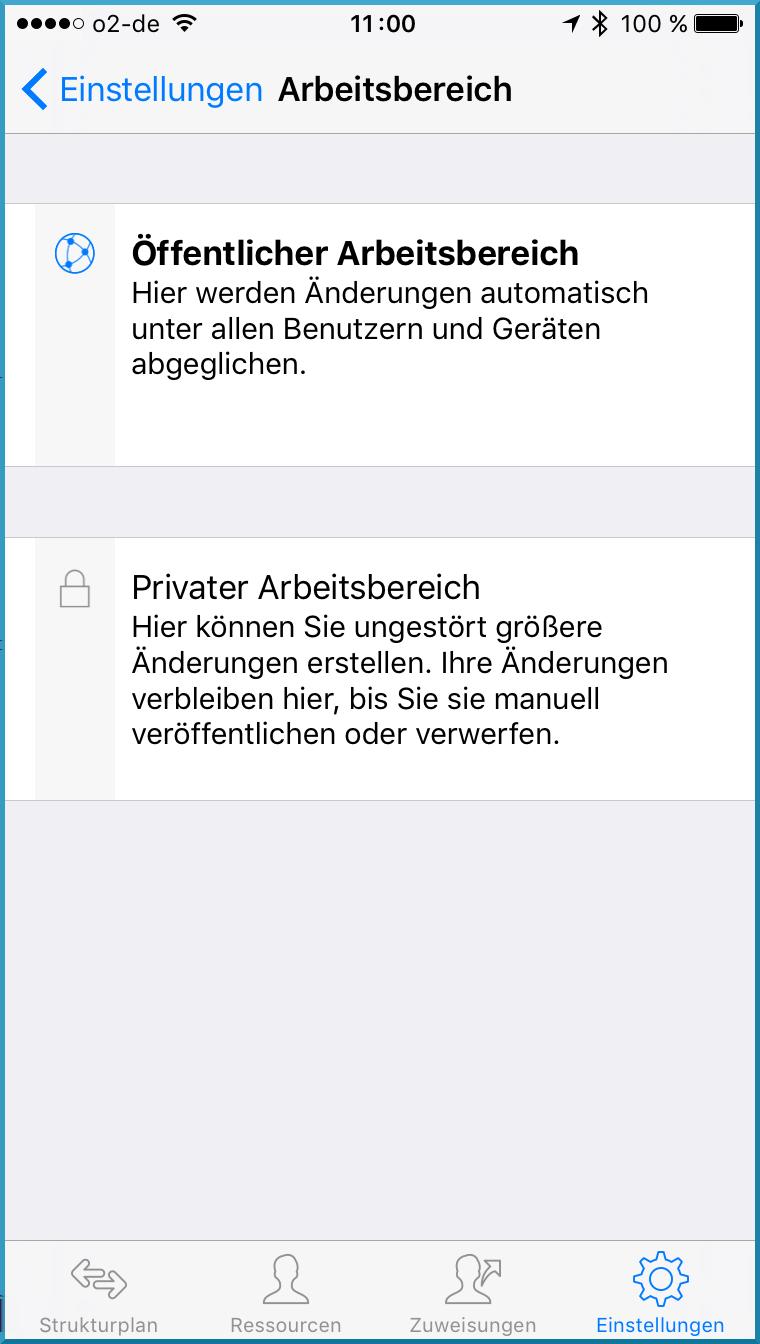 Starten Sie die Nutzung eines Arbeitsbereichs, stehen Ihnen die zwei Optionen zur Auswahl: Öffentlicher Arbeitsbereich (standard) Privater Arbeitsbereich Mit der Option»Veröffentlichen«übertragen Sie