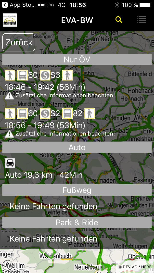 EVA-BW - App zur multimodalen Verbindungsauskunft - Berücksichtigung von Verspätungen / Störungen bei Bus&Bahn - Berücksichtigung der aktuellen Verkehrslage (auf
