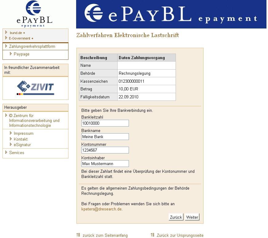 3.4 Bezahlung mittels Elektronischer Lastschrift Hat man sich auf der Seite mit der Auswahl der Zahlverfahren (Abbildung 3) für die Bezahlung mittels elektronischer Lastschrift entschieden, gelangt