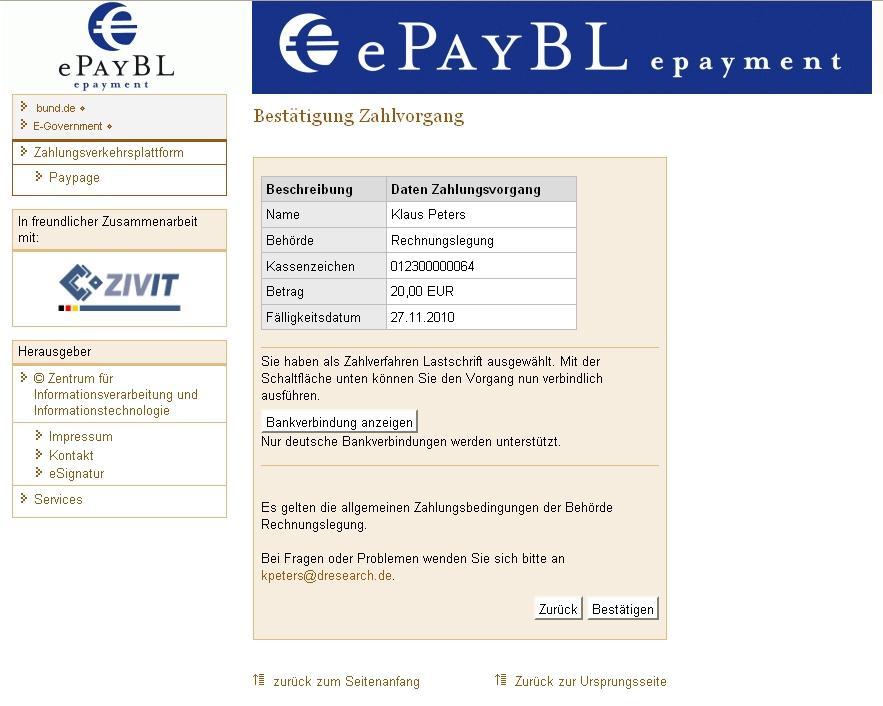 Abbildung 19: Bestätigung der Lastschrift mit Einzugsermächtigung Von der Paypage gelangt man über