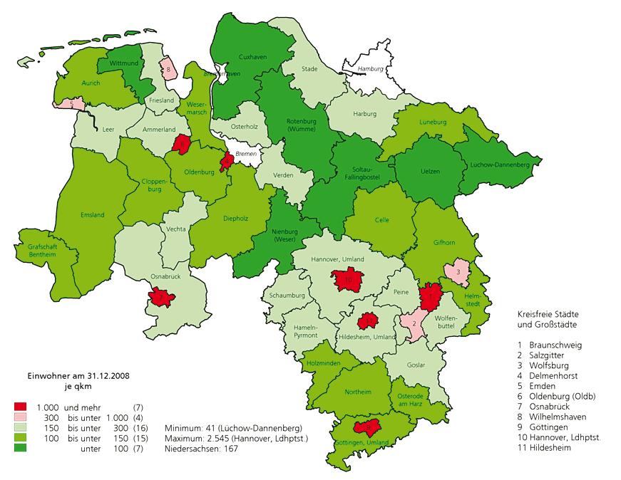 Seite 8 Abb. 1: Bevölkerungsdichte nach Kreisen, kreisfreien Städten und Großstädten - Stand: 31.12.2008 Quelle: LSKN 3 - Statistische Berichte Niedersachsen A I 8.