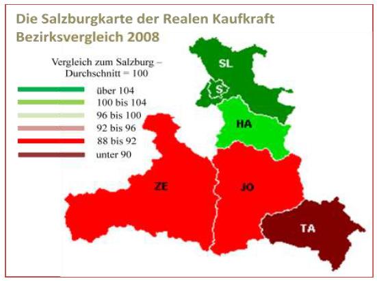 Abb.7: Österreichkarte der Realeinkommen = Reale Kaufkraft 2008 [Qu.