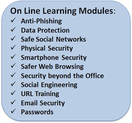 Key aspects of the on line training includes: - Online Training Modules: Anti-Phishing, Data Protection and Destruction, Safe Social Networks, Physical Security, Smartphone Security, Safer Web