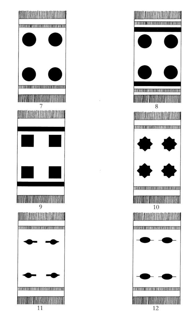 Abb. 39: Eine schematische Gegenüberstellung der Anbringung von Zierstücken diverser Formen auf Tuniken sowie Châle-Geweben.