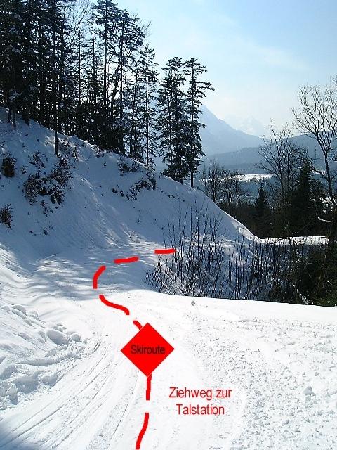 Am Ende Kanonenrohr erreicht man die Baumgrenze (Bankerl) und die Skiroute mündet in einen