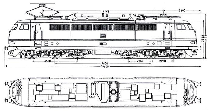 Die Maßzeichnung der Prototypen der Baureihe E 03 (gebaut als E 03 001 bis E 03 004).