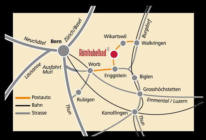 DER WEG INS RÜTTIHUBELBAD Anreise: mit Bahn und Postauto in 34 Minuten (Bern Worb Dorf Rüttihubelbad)