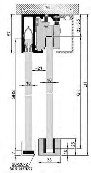 SlideTec optima 60 Deckenmontage mit Festverglasung GH = Glashöhe LW = lichte Weite LH = lichte Höhe GB = Glasbreite L = Laufschienenlänge S = Seitenteil T = Abdeckprofil Montage Deckenmontage