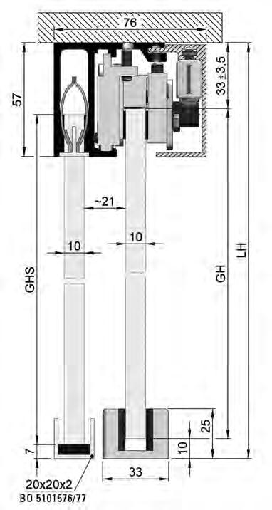 SlideTec optima 60 Deckenmontage mit Festverglasung mit Einzugsdämpfer GH = Glashöhe LW = lichte Weite LH = lichte Höhe GB = Glasbreite L = Laufschienenlänge S = Seitenteil T = Abdeckprofil Die
