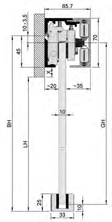 SlideTec optima 150 Wandmontage BH = Bohrhöhe GH = Glashöhe LW = lichte Weite LH = lichte Höhe GB = Glasbreite L = Laufschienenlänge Montage Wandmontage Ausführung Türgewicht max.