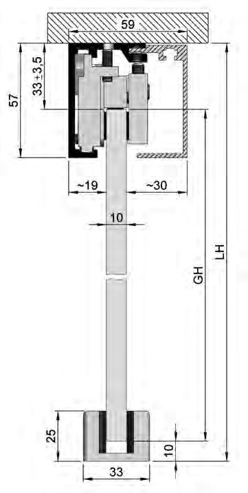 SlideTec optima 60 Deckenmontage GH = Glashöhe LW = lichte Weite LH = lichte Höhe GB = Glasbreite L = Laufschienenlänge Montage Deckenmontage Ausführung Türgewicht max.