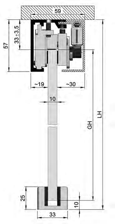 SlideTec optima 60 Deckenmontage mit Einzugsdämpfer GH = Glashöhe LW = lichte Weite LH = lichte Höhe GB = Glasbreite L = Laufschienenlänge Die Mindestflügelbreite bei Einsatz eines Einzugsdämpfers