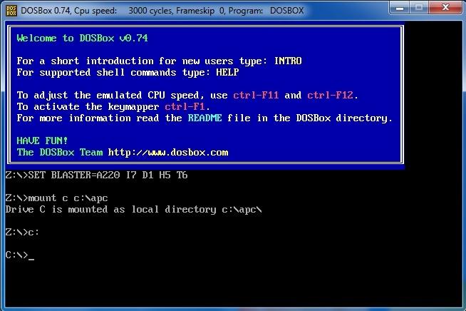 Im DOS Fenster erscheint die Bestätigungsmeldung: Drive C is mounted as local directory c:\apc\ Wechseln Sie jetzt zum virtuellen Laufwerk c, indem Sie