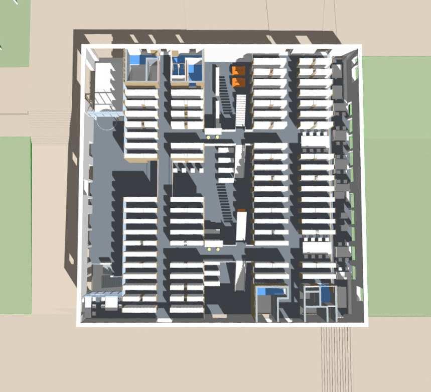 Grundriss Emil-Abderhalden-Straße Aufsicht Ebene 1 und 2 Die natürliche Belichtung der Aufenthaltsbereiche erfolgt jeweils über große Oberlichter im Dach des Gebäudes bis in die unteren Ebenen
