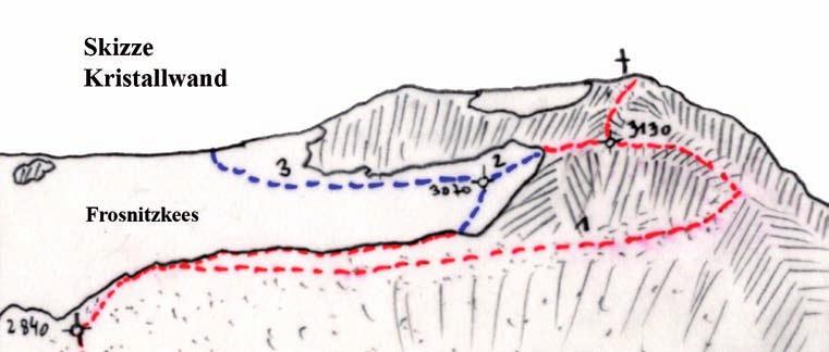 Tour F Besteigung des Hüttengipfels Kristallwand 3329 m mit Option auf Hochgebirgstour Grossvenediger 3666 m über Hoher Zaun 3467 m, Schwarze Wand 3511 m, Rainer Horn 3560 m Klassifizierung: