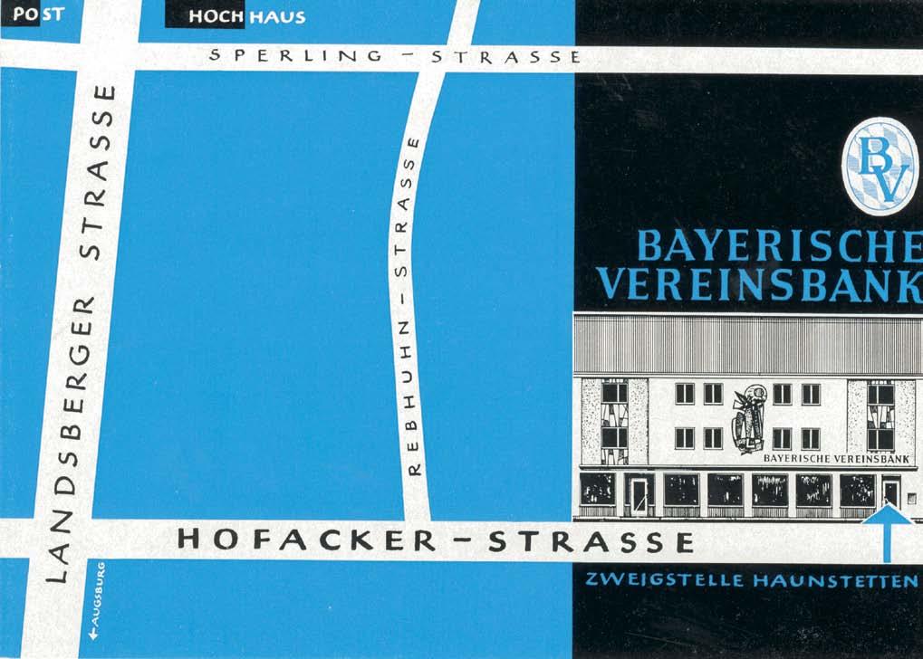 12 Geschichte der HypoVereinsbank Augsburg Eröffnungsprospekt der Bayerischen Vereinsbank-Filiale in Augsburg-Haunstetten in der Hofackerstraße 14 aus dem Jahr 1961, Am 8.