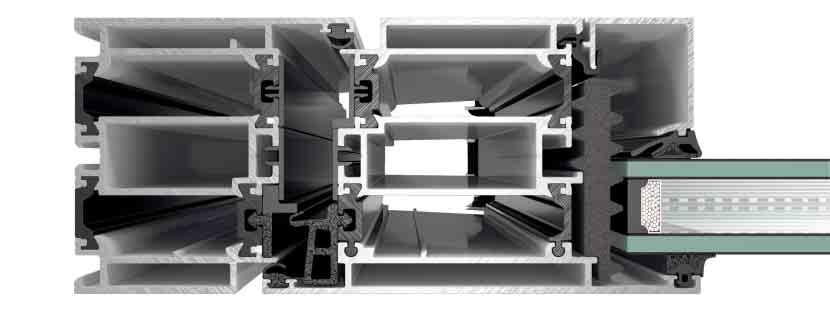 Beschlagsnut Fittings groove Kabelnut Cable groove Glasfalzdämmung Glazing rebate insulation 5-Kammer-Profilsystem 5-chamber profile system Identischer Profilaufbau (Innen- und Außenschale) Identical