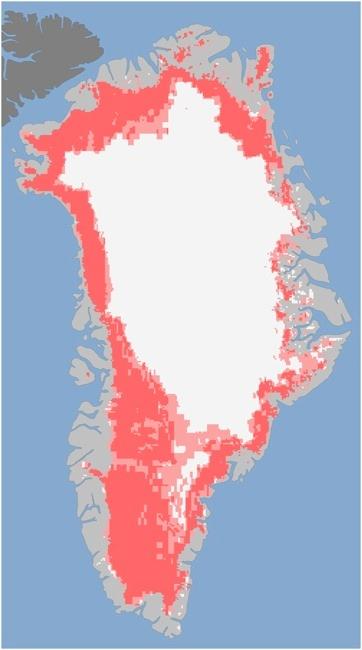 Eisschmelze auf dem Grönländischen Inlandeis Juli 2012 am 8. Juli 2012 Schmelzen auf ca.