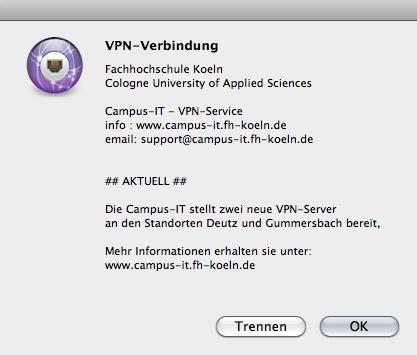 11. Ist die Anmeldung erfolgreich, erscheint die folgende Meldung: 12. Diese Meldung bitte mit OK bestätigen. VPN Zugang unter Mac OS X 10.4 + - automatische Installation 1.