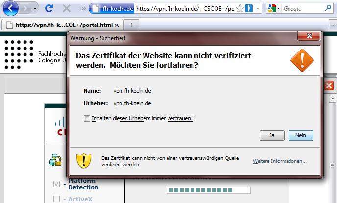 5. Sie werden nun gefragt, ob Sie dem Zertifikat der Webseite vpn.fh-koeln.de vertrauen möchten?