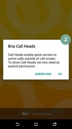 1. Bei der Einrichtung von Bria werden Sie zunächst gefragt, ob Sie die Call App im Hintergrund aktiv halten möchten.
