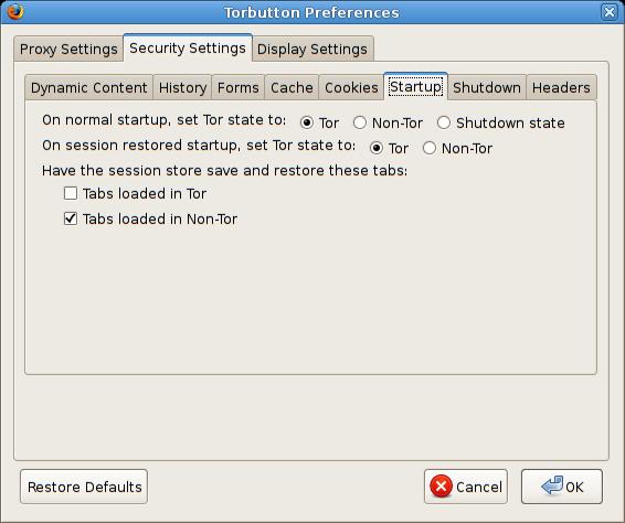 Unter Security Settings -> Startup On normal startup, set Tor