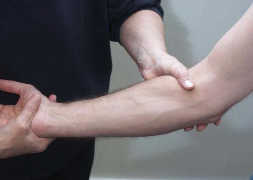 arm in der Ellenbeuge. Die andere Hand schmiegt sich zwischen die am Unterarm angelegte ulnare Handkante und gegen den Bizepsmuskel des Oberarms an.