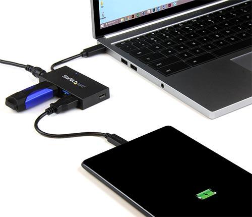 an Ihren USB-C-fähigen Laptop anschließen. Dank dieses 4-Port-USB 3.