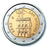 Umlaufmünzen San Marino 2 Euro: Regierungspalast von San Marino 1 Euro: Staatswappen von San