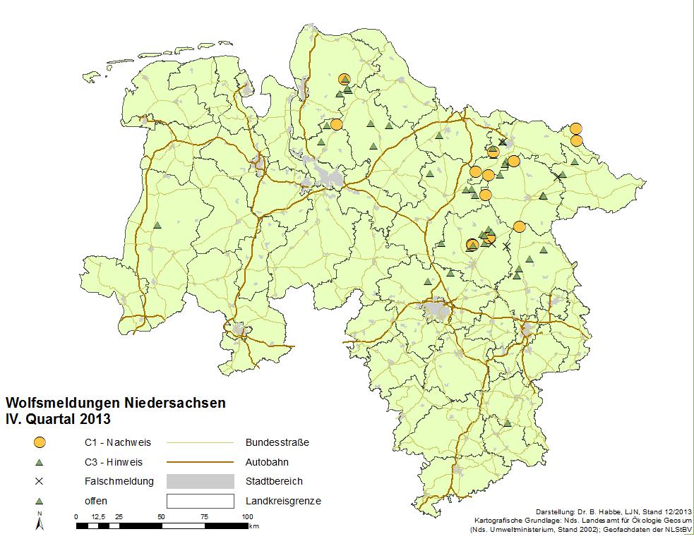 Abb. 1: Wolfsnachweise und hinweise in Niedersachsen für das IV.