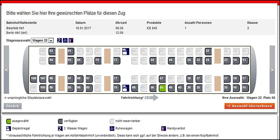 Den Sitzplatz buchen Oben links wird Ihnen unter Wagenauswahl der gewählte Wagon angezeigt. Sie können diesen hier ändern, wenn Sie ihn wechseln möchten.