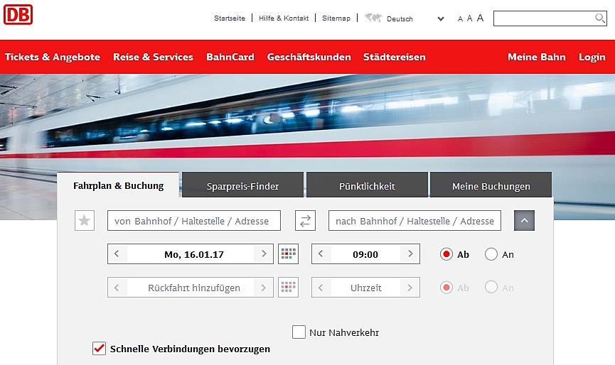 Die Zugverbindung auswählen Rufen Sie die Internetseite www.bahn.de auf.