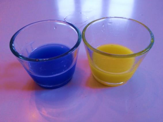 Du brauchst: Forschungsauftrag 7 5 Gläser Wasser gelbe Farbe blaue Farbe Der Zauber der Farben Fülle zwei Gläser mit Wasser.