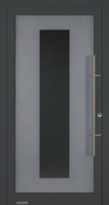 Abb: Türprofil in Vorzusfarbe Graualuminium RAL 9007, Feinstruktur matt Motivglas außen VSG mit mattierten Rechtecken, Mitte Reflo mit