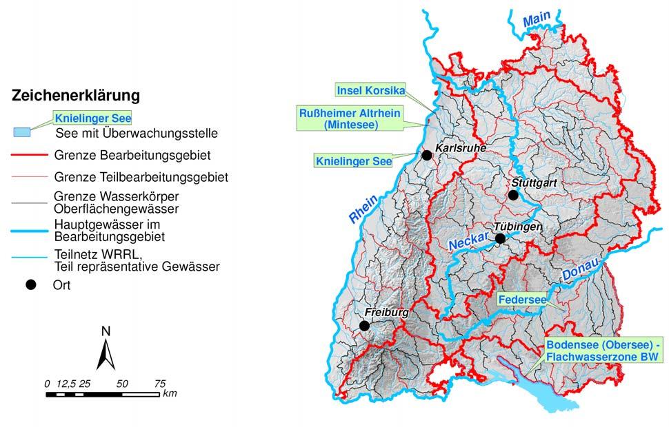 Karte 1: Operative Überwachung der Seen (LUBW 2007 [3], Auszug) Überwachung zu Ermittlungszwecken Für die Seewasserkörper in Baden-Württemberg ist derzeit keine Überwachung zu Ermittlungszwecken
