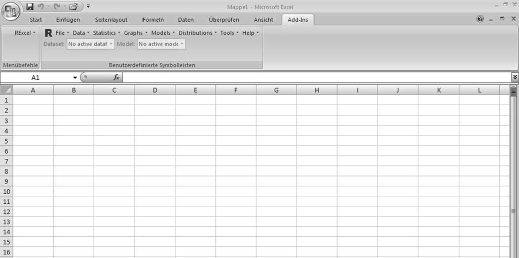2.1 RExcel starten 7 Wir starten nun den R-Commander mit der Excel Menüoberfläche.