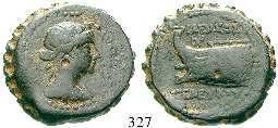, 187-175 v.chr. Bronze, Antiochia. 7,20 g. Kopf des Dionysos r., dahinter Monogramm / Galeerenbug l., darüber Monogramm. SNG Spear 891.