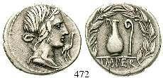 herrliches Portrait, perfekt zentriert. f.vz 370,- 471 Denar, Rom. 3,95 g. Kopf der Anna Perenna r.  ss-vz 320,- 472 Q. Caecilius Metellus, 81 v.chr. Denar 81 v.