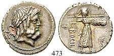 ss+ 290,- Heeresmünzstätte der sullanischen Armee in Norditalien 473 L. Procilius, 80 v.chr. Denar 80 v.chr., Rom. Kopf des Jupiter r.
